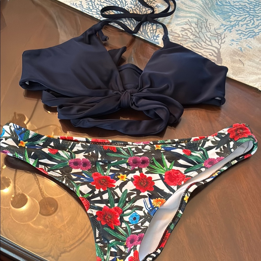 Blue and Red Bikini Set with Bold Patterns
